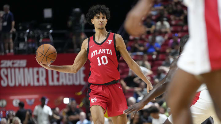 Jul 12, 2024; Las Vegas, NV, USA;  Atlanta Hawks forward Zaccharie Risacher (10) looks to pass the ball against the Washington Wizards during the first half at Thomas & Mack Center. Mandatory Credit: Lucas Peltier-USA TODAY Sports