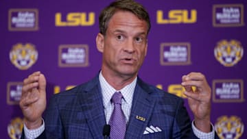 Dec 1, 2025; Baton Rouge, LA, USA; LSU new head coach Lane Kiffin speaks at South Stadium Club at Tiger Stadium. Mandatory Credit: Matthew Hinton-Imagn Images