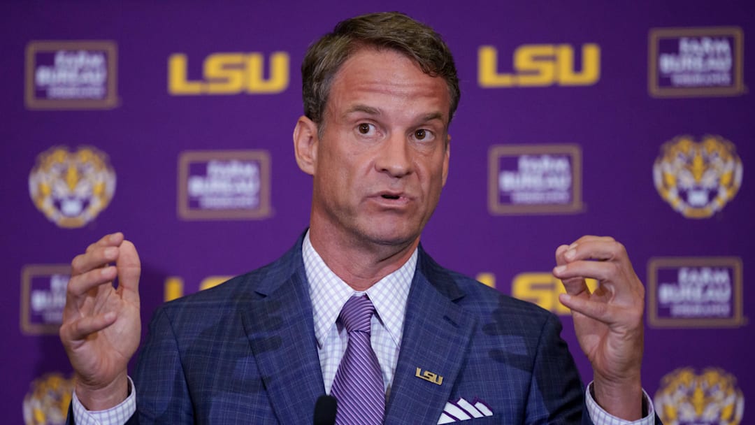 LSU Tigers head coach Lane Kiffin speaks at South Stadium Club at Tiger Stadium. LSU Tigers head coach Lane Kiffin speaks at South Stadium Club at Tiger Stadium.