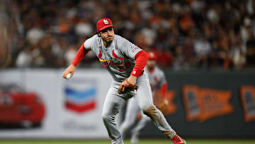 Sep 23, 2025; San Francisco, California, USA; St. Louis Cardinals third baseman Nolan Arenado (28) throws to first base for an out against the San Francisco Giants during the fourth inning at Oracle Park. Mandatory Credit: Eakin Howard-Imagn Images