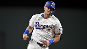 Aug 11, 2025; Arlington, Texas, USA; Texas Rangers third baseman Josh Jung (6) scores a run against the Arizona Diamondbacks during the third inning at Globe Life Field