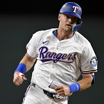 Aug 11, 2025; Arlington, Texas, USA; Texas Rangers third baseman Josh Jung (6) scores a run against the Arizona Diamondbacks during the third inning at Globe Life Field