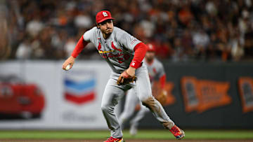 Sep 23, 2025; San Francisco, California, USA; St. Louis Cardinals third baseman Nolan Arenado (28) throws to first base for an out against the San Francisco Giants during the fourth inning at Oracle Park. Mandatory Credit: Eakin Howard-Imagn Images