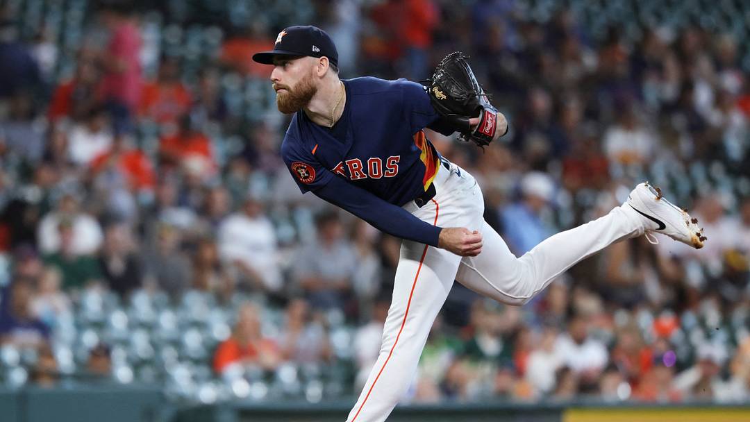Jun 7, 2026; Houston, Texas, USA; Houston Astros starting pitcher Mike Burrows (50) delivers a pitch during the first inning against the Athletics at Daikin Park. Mandatory Credit: Troy Taormina-Imagn Images