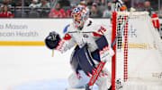 Jan 23, 2025; Seattle, Washington, USA; Washington Capitals goaltender Charlie Lindgren (79) defends the goal against the Seattle Kraken during the third period at Climate Pledge Arena. Mandatory Credit: Steven Bisig-Imagn Images