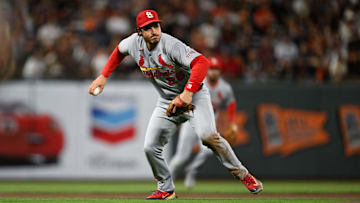 Sep 23, 2025; San Francisco, California, USA; St. Louis Cardinals third baseman Nolan Arenado (28) throws to first base for an out against the San Francisco Giants during the fourth inning at Oracle Park. Mandatory Credit: Eakin Howard-Imagn Images