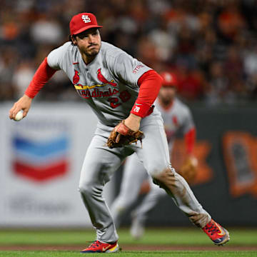 Sep 23, 2025; San Francisco, California, USA; St. Louis Cardinals third baseman Nolan Arenado (28) throws to first base for an out against the San Francisco Giants during the fourth inning at Oracle Park. Mandatory Credit: Eakin Howard-Imagn Images