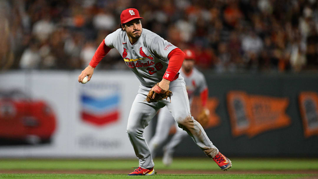 Sep 23, 2025; San Francisco, California, USA; St. Louis Cardinals third baseman Nolan Arenado (28) throws to first base for an out against the San Francisco Giants during the fourth inning at Oracle Park. Mandatory Credit: Eakin Howard-Imagn Images