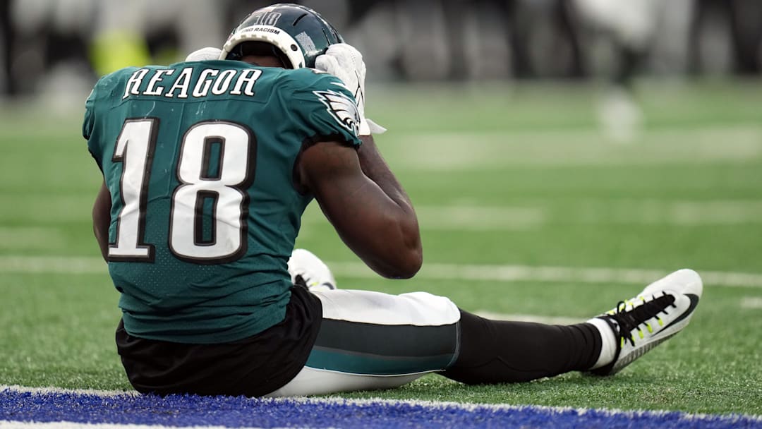 Philadelphia Eagles wide receiver Jalen Reagor (18) reacts after dropping a pass in the end zone late in the fourth quarter.