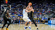 Mar 21, 2024; Pittsburgh, PA, USA; Oakland Golden Grizzlies guard Jack Gohlke (3) handles the ball around Kentucky Wildcats guard Reed Sheppard (15) in the first round of the 2024 NCAA Tournament at PPG Paints Arena. Mandatory Credit: Gregory Fisher-Imagn Images