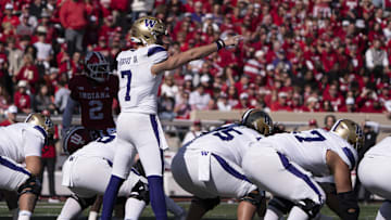 Oct 26, 2024; Bloomington, Indiana, USA; Washington Huskies quarterback Will Rogers (7) prepares to snap the ball during the first quarter agains the Indiana Hoosiers at Memorial Stadium. Mandatory Credit: Jacob Musselman-Imagn Images