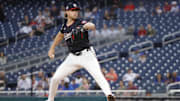 Aug 19, 2025; Washington, District of Columbia, USA; Washington Nationals starting pitcher Jake Irvin (27) throws the ball against the New York Mets during the first inning at Nationals Park. 