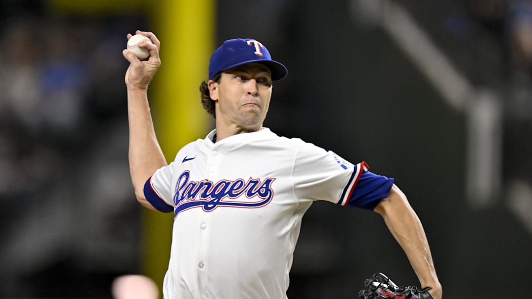 Sep 24, 2025; Arlington, Texas, USA; Texas Rangers starting pitcher Jacob deGrom (48) throws the ball during the third inning against the Minnesota Twins at Globe Life Field. Mandatory Credit: Jerome Miron-Imagn Images