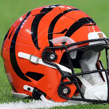 Nov 17, 2024; Inglewood, California, USA; A Cincinnati Bengals Riddell Speedflex helmet on the field at SoFi Stadium. Mandatory Credit: Kirby Lee-Imagn Images