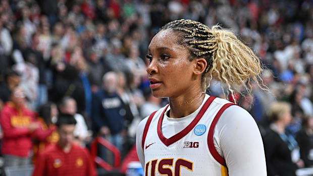Mar 31, 2025; Spokane, WA, USA; USC Trojans forward Kiki Iriafen (44) walks off the court after the Elite 8, NCAA Tournament