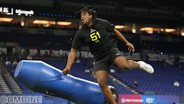 Feb 27, 2025; Indianapolis, IN, USA; Mississippi defensive lineman Jared Ivey (DL51) participates in drills during the 2025 NFL Combine at Lucas Oil Stadium. Mandatory Credit: Kirby Lee-Imagn Images