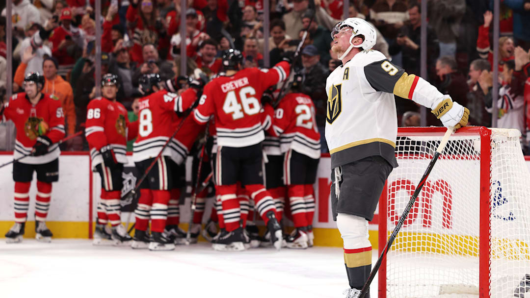 A frustrated Jack Eichel after the Blackhawks' OT winner on Sunday