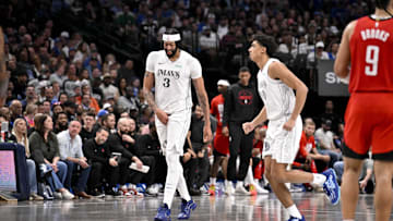 Feb 8, 2025; Dallas, Texas, USA; Dallas Mavericks forward Anthony Davis (3) leaves the game against the Houston Rockets during the third quarter at the American Airlines Center. Mandatory Credit: Jerome Miron-Imagn Images