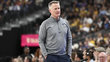 Oct 15, 2024; Las Vegas, Nevada, USA; Golden State Warriors head coach Steve Kerr looks on against the Los Angeles Lakers in the first quarter during a preseason game at T-Mobile Arena. Mandatory Credit: Candice Ward-Imagn Images
