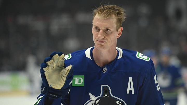 Feb 25, 2026; Vancouver, British Columbia, CAN;  Vancouver Canucks defenseman Tyler Myers (57) warms up prior to the game against the Winnipeg Jets at Rogers Arena. Mandatory Credit: Simon Fearn-Imagn Images
