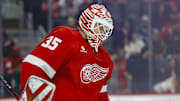 Jan 14, 2025; Detroit, Michigan, USA;  Detroit Red Wings goaltender Ville Husso (35) looks against the San Jose Sharks at Little Caesars Arena. Mandatory Credit: Rick Osentoski-Imagn Images
