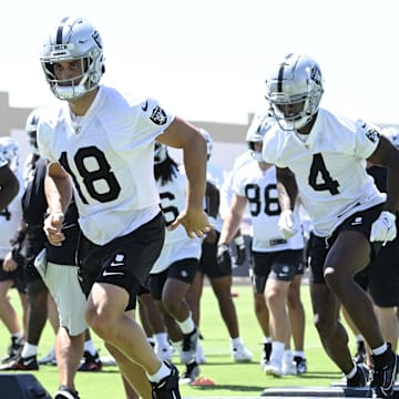 Jun 10, 2025; Henderson, NV, USA; Las Vegas Raiders wide receiver Jack Bech (18) and wide receiver Shedrick Jackson (4) perform a drill during Las Vegas Raiders Minicamp at Intermountain Health Performance Center. Mandatory Credit: Candice Ward-Imagn Images