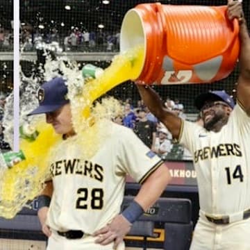 Andrew Vaughn gets a Gatorade shower from teammate Andruw Monasterio after a July 29 win over the Chicago Cubs in which Vaughn hit a grand slam