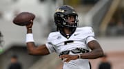 Oct 11, 2025; Corvallis, Oregon, USA; Wake Forest Demon Deacons quarterback Deshawn Purdie (5) throws a pass while warming hip before the game against the Oregon State Beavers at Reser Stadium. Mandatory Credit: Craig Strobeck-Imagn Images