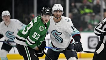 Mar 21, 2023; Dallas, Texas, USA; Dallas Stars center Wyatt Johnston (53) and Seattle Kraken center Matty Beniers (10) in action during the game between the Dallas Stars and the Seattle Kraken at the American Airlines Center. Mandatory Credit: Jerome Miron-USA TODAY Sports