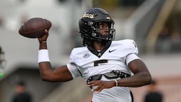 Oct 11, 2025; Corvallis, Oregon, USA; Wake Forest Demon Deacons quarterback Deshawn Purdie (5) throws a pass while warming hip before the game against the Oregon State Beavers at Reser Stadium. Mandatory Credit: Craig Strobeck-Imagn Images