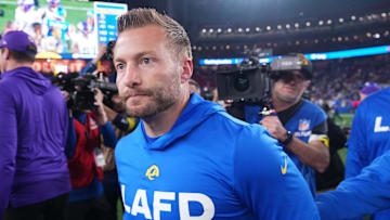Jan 13, 2025; Glendale, AZ, USA; Los Angeles Rams head coach Sean McVay after the NFC wild card game against the Minnesota Vikings at State Farm Stadium. Mandatory Credit: Joe Camporeale-Imagn Images