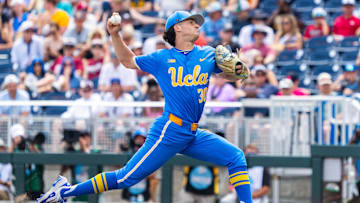 Jun 14, 2025; Omaha, Neb, USA; UCLA Bruins pitcher August Souza (30) pitches against the Murray State Racers during the seventh inning at Charles Schwab Field. Mandatory Credit: Dylan Widger-Imagn Images