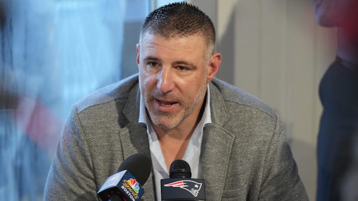 Mar 31, 2025; Palm Beach, FL, USA;  New England Patriots head coach Mike Vrabel answers questions from the media during the NFL Annual League Meeting at The Breakers. Mandatory Credit: Jim Rassol-Imagn Images