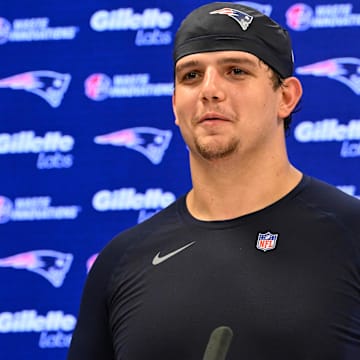 May 9, 2025; Foxborough, MA, USA; New England Patriots offensive tackle Will Campbell (66) speaks to the media after rookie camp at Gillette Stadium. Mandatory Credit: Eric Canha-Imagn Images