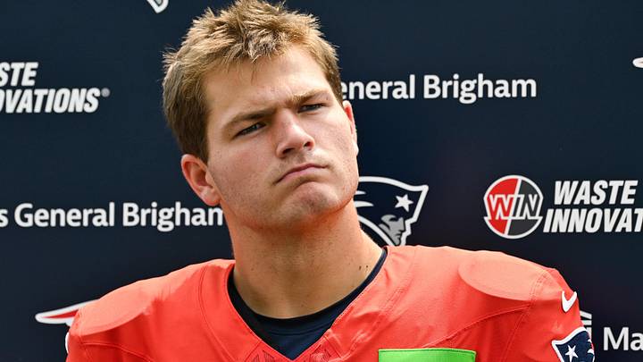 New England Patriots quarterback Drake Maye (10) speaks to the media after training camp at Gillette Stadium.