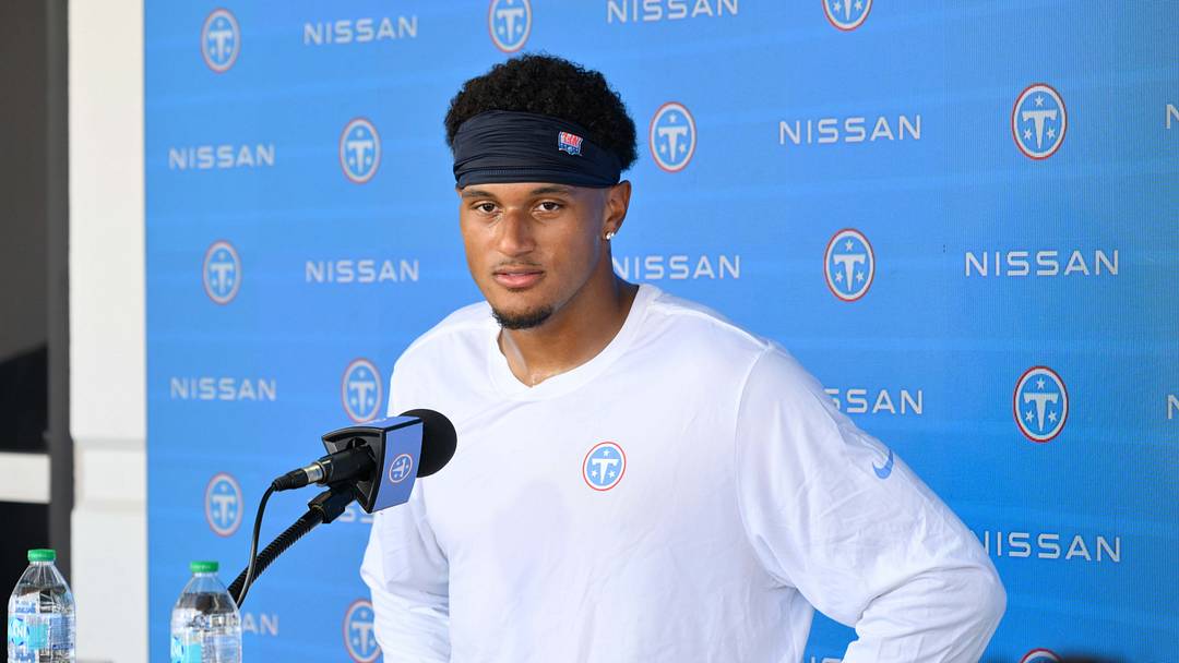 Jun 16, 2026; Nashville, TN, USA;  Tennessee Titans cornerback Alontae Taylor (24) talks with the media post practice during day 1 of mini-camp at Vanderbilt Health Football Center. Mandatory Credit: Steve Roberts-Imagn Images