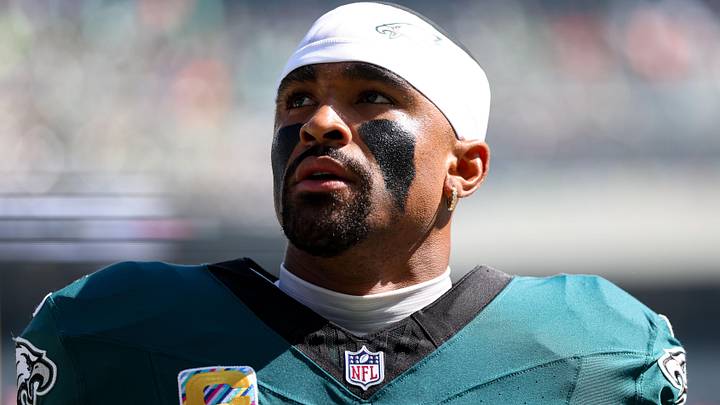 Philadelphia Eagles quarterback Jalen Hurts (1) before action against the Denver Broncos at Lincoln Financial Field.