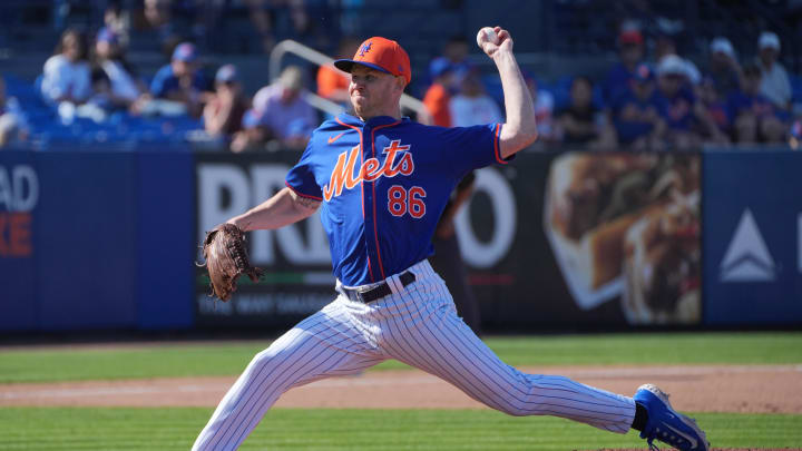 Feb 25, 2024; Port St. Lucie, Florida, USA;  New York Mets pitcher Tyler Jay pitches against the Houston Astros in the seventh inning against the Houston Astros at Clover Park. Mandatory Credit: Jim Rassol-USA TODAY Sports