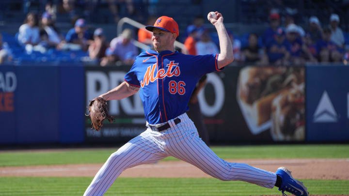 Feb 25, 2024; Port St. Lucie, Florida, USA; New York Mets pitcher Tyler Jay pitches. Feb 25, 2024; Port St. Lucie, Florida, USA; New York Mets pitcher Tyler Jay pitches.