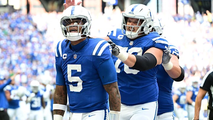 Sep 8, 2024; Indianapolis, Indiana, USA; Indianapolis Colts quarterback Anthony Richardson (5) celebrates a touchdown during the second half agains the Houston Texans at Lucas Oil Stadium. Mandatory Credit: Marc Lebryk-Imagn Images