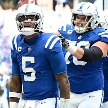 Sep 8, 2024; Indianapolis, Indiana, USA; Indianapolis Colts quarterback Anthony Richardson (5) celebrates a touchdown during the second half agains the Houston Texans at Lucas Oil Stadium. Mandatory Credit: Marc Lebryk-Imagn Images