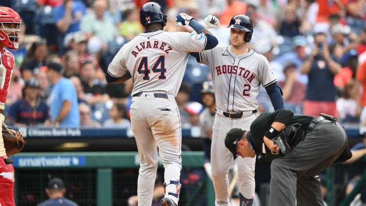 Aug 28, 2024; Philadelphia, Pennsylvania, USA; Houston Astros outfielder Yordan Alvarez (44) reacts with infielder Alex Bregman (2) after hitting a home run against the Philadelphia Phillies in the seventh inning at Citizens Bank Park.