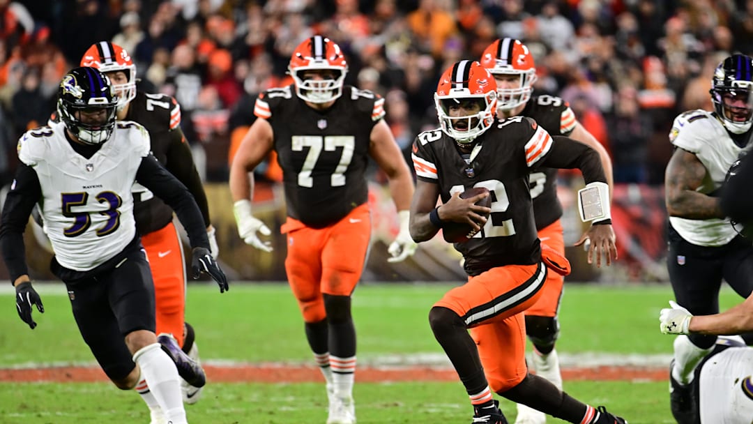 Nov 16, 2025; Cleveland, Ohio, USA; Cleveland Browns quarterback Shedeur Sanders (12) runs for a gain during the fourth quarter against the Baltimore Ravens at Huntington Bank Field. Mandatory Credit: Ken Blaze-Imagn Images