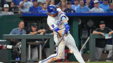 Kansas City Royals shortstop Bobby Witt Jr. (7) hits a single against the Arizona Diamondbacks in the fifth inning at Kauffman Stadium on July 24.