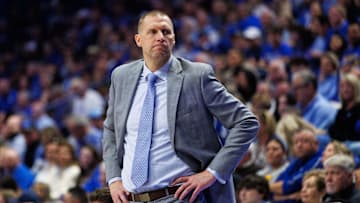 Nov 14, 2025; Lexington, Kentucky, USA; Kentucky Wildcats head coach Mark Pope looks down the sideline during the first half against the Eastern Illinois Panthers at Rupp Arena at Central Bank Center. Mandatory Credit: Jordan Prather-Imagn Images