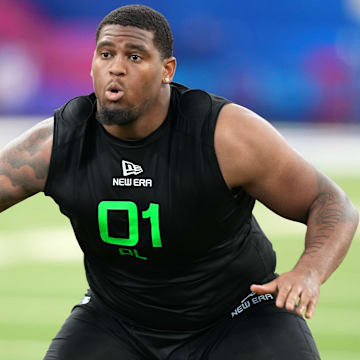 Texas offensive lineman Kelvin Banks (OL01) during the 2025 NFL Combine at Lucas Oil Stadium.