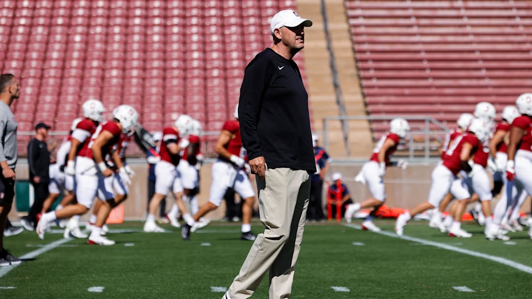 Sep 7, 2024; Stanford, California, USA; Stanford Cardinal head coach Troy Taylor looks on before a game against the Cal Poly Mustangs at Stanford Stadium. Mandatory Credit: Sergio Estrada-Imagn Images