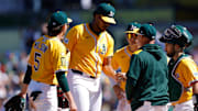 Apr 2, 2025; West Sacramento, California, USA; Athletics pitcher Angel Perdomo (52) is removed from the game during the seventh inning against the Chicago Cubs at Sutter Health Park. Mandatory Credit: Sergio Estrada-Imagn Images
