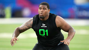 Mar 2, 2025; Indianapolis, IN, USA; Texas offensive lineman Kelvin Banks (OL01) during the 2025 NFL Combine at Lucas Oil Stadium. Mandatory Credit: Kirby Lee-Imagn Images