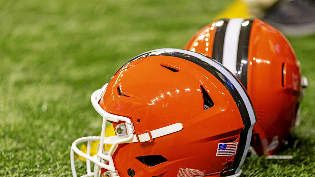 Sep 28, 2025; Detroit, Michigan, USA; A general view of the Cleveland Browns helmets on the field before the game against the Detroit Lions at Ford Field. Mandatory Credit: David Reginek-Imagn Images